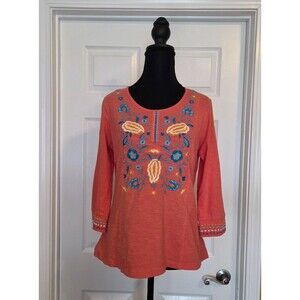Parsley & Sage Womens SMALL Orange Embroidered 3/4 Sleeve Top BOHO Bohemian